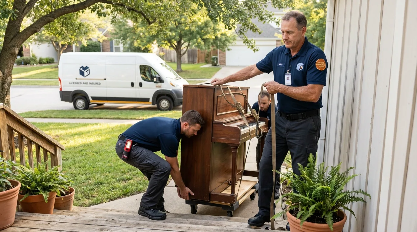 Licensed piano movers securing grand piano in Westfield, NJ
