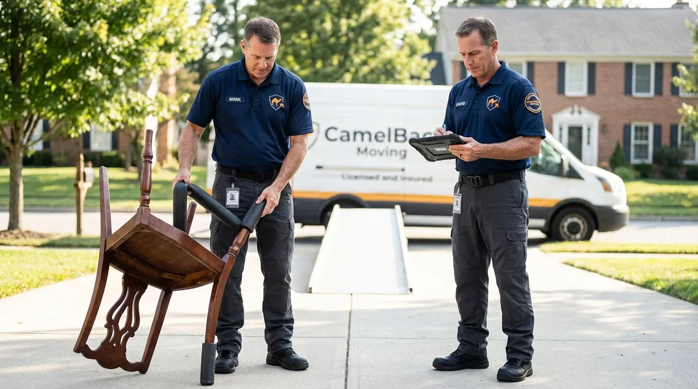 Movers inspecting furniture for damage prevention before loading in Westfield, NJ