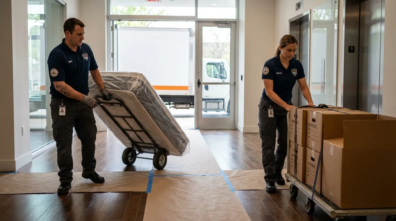 Professional apartment movers loading elevator in Westfield, NJ